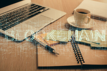 Aufkleber - Double exposure of crypto technology drawing and desktop with coffee and items on table background. Concept of blockchain