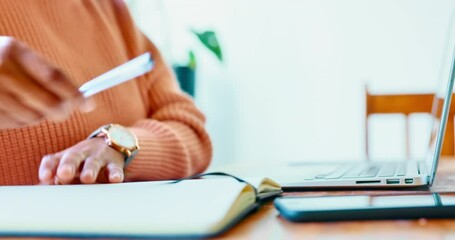 Aufkleber - Hands typing laptop, writing notebook and online course research, planning ideas and elearning work from home. Working woman, student schedule and journalist writer on computer, internet and project