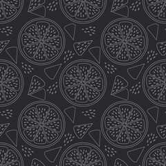 Canvas Print - Citrus slices of lemon, orange with white outline on a black background. Seamless cute modern pattern. 