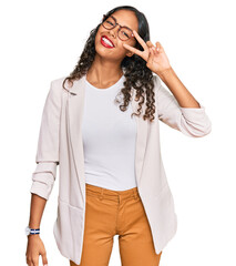 Poster - Young african american girl wearing business clothes doing peace symbol with fingers over face, smiling cheerful showing victory