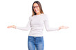 © Krakenimages.com - Beautiful brunette young woman wearing casual white sweater and glasses smiling showing both hands open palms, presenting and advertising comparison and balance