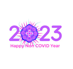 Poster - 2023 numbers with bacteria covid virus. Happy New Year event poster, greeting card cover, 2023 calendar design, invitation to celebrate New Year and Christmas. Vector illustration