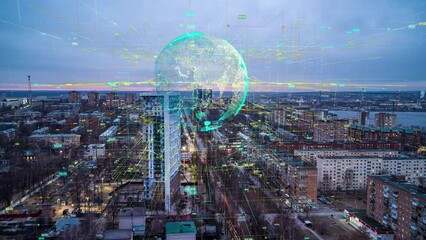 Poster - Smart City Aerial Drone Footage Hologram Information Arches Forming During Network Communication Futuristic Network and Technology 5G Drone Low Light 4k. Video loop, time lapse