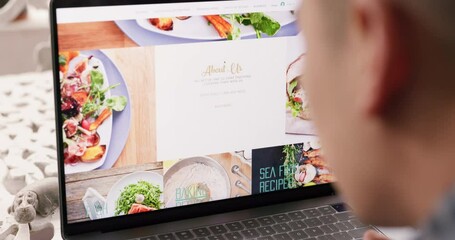 Aufkleber - Restaurant, web design and computer food website of a man scroll through about us website work. IT, ux and webdesign worker with technology to check digital marketing and ui internet screen display