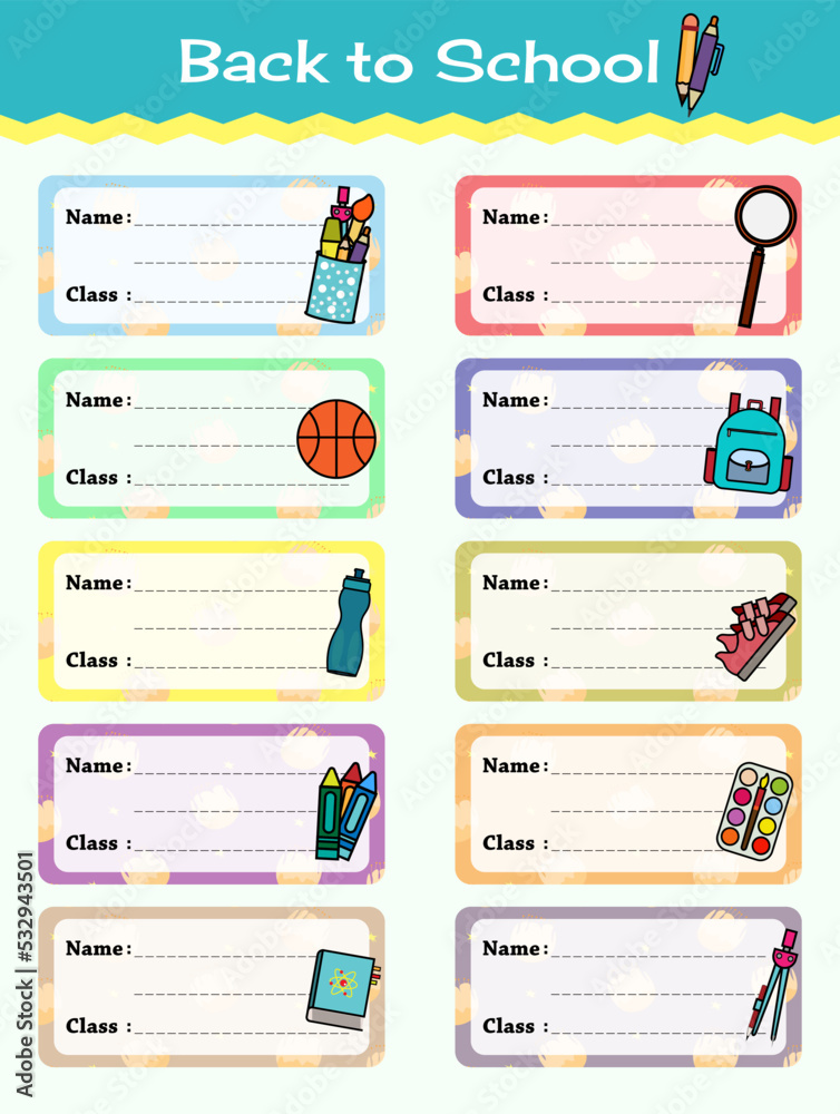 Notebook Labels Vector Template Design. School Book Labels Template. Name and Class Set Stickers.
