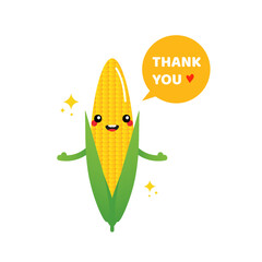 Wall Mural - cute cartoon style corn character with speech bubble saying thank you, showing appreciation.