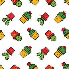 Wall Mural - cute and happy colorful doodle cactus, succulents in pot characters vector seamless pattern backgrou