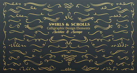 Gold swirls and scrolls set vector illustration. Golden calligraphic flourishes and vintage line swashes with hand drawn vignettes, elegant dividers and underlines, victorian swirly filigree borders