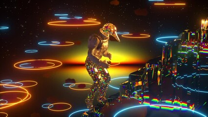 duck dressed as an astronaut climbs a mirrored staircase. blue orange neon circles are flying in the