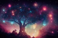 Yggdrasil. Beautiful Night Sky With Stars And Clouds.