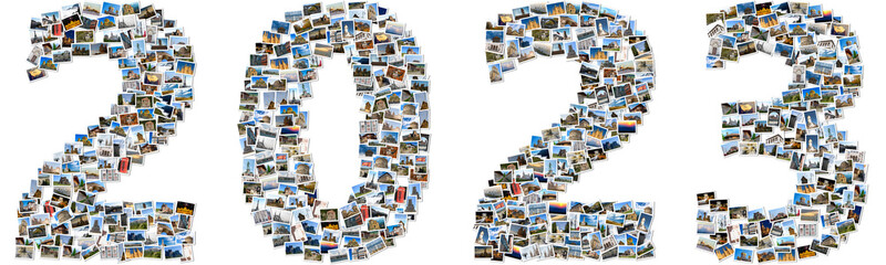 2023 made of travel photos; Composite image of small photos with white borders
