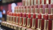 Lipstick With Different Colorful Tones In A Row. Selective focus.