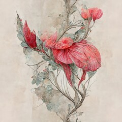 Aufkleber - A flower with many leaves is depicted on the canvas. Watercolor seamless pattern, hand-drawn brush colors, pattern. 3d illustration