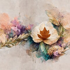 Poster - Elegant flowers with golden leaf and twigs on light background. Seamless pattern of hand-drawn brush colors, pattern. Vintage decorative element for cards. 3d illustration