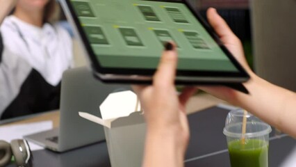Aufkleber - Review, tablet and ux designer in digital agency working on phone software for app, developer and web design. Creative, planning and digital transformation with employee at tech company for ui