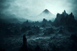 dark fantasy landscape with a looming mountain and a hidden castle, generative ai