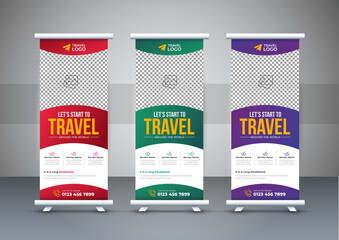 Travel vacation roll up banner design template for business or travel agency. Editable vector illustration