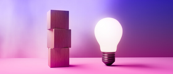 Poster - Glowing light bulb with wooden blocks - 3D render