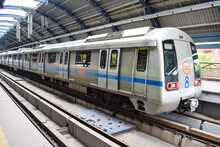Delhi Metro Train Arriving At Jhandewalan Metro Station In New Delhi, India, Asia, Public Metro Departing From Jhandewalan Station In Which More Than 17 Lakhs Passengers Travel From Delhi Metro
