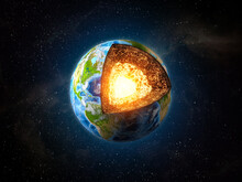 Earth Core Structure. Cross Section Of Planet With Visible Layers On Space Backround.Elements Of This Image Furnished By NASA.