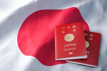 Wall Mural - Passport of Japan on japan flag. Citizenship, immigration, travel and tourism concept.