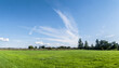Panorama pola uprawnego w obszarze wiejskim zachodniej polski o porze przedjesiennej w niemalże bezchmurny dzień na tle błękitnego nieba