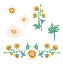 Vector Graceful Art Nouveau Flowers Bouquets Of Convolvulus, Briar, Lotus, Lilac And Ranunculus