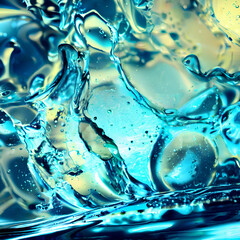 Poster - Splash of water in motion. Abstract splashing of liquid and droplets with bubbles background. Colorful abstract perfect for presentation, business, media, banner, backdrop or other design . Render