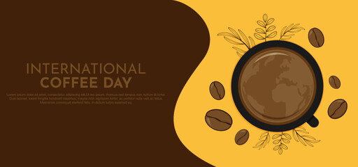 Happy International Coffee Day template background. A cup of coffee and coffee beans on orange and brown background