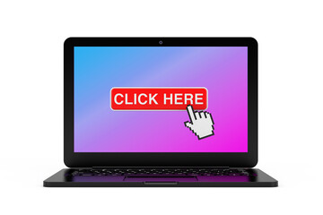 Fototapete - Modern Laptop Computer with Click Here Link to Website Button and Pixel Hand Click Cursor. 3d Rendering