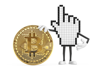Poster - Pixel Hand Cursor Mascot Person Character with Digital and Cryptocurrency Golden Bitcoin Coin. 3d Rendering