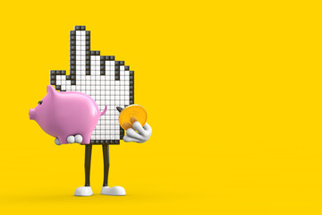 Poster - Pixel Hand Cursor Mascot Person Character with Piggy Bank and Golden Dollar Coin. 3d Rendering