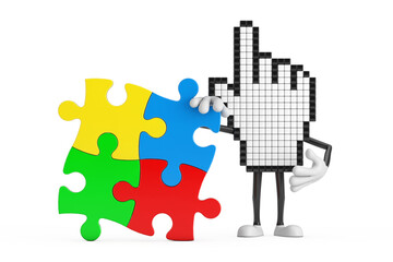 Fototapete - Pixel Hand Cursor Mascot Person Character with Four Pieces of Colorful Jigsaw Puzzle. 3d Rendering