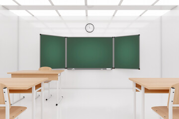 Aufkleber - Empty Modern School Classroom with Chairs, Desks and Chalkboard. 3d Rendering