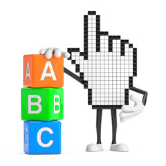 Poster - Pixel Hand Cursor Mascot Person Character with Alphabet ABC Education Cubes. 3d Rendering