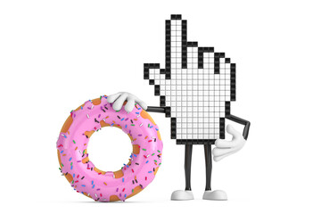 Poster - Pixel Hand Cursor Mascot Person Character with Big Strawberry Pink Glazed Donut. 3d Rendering