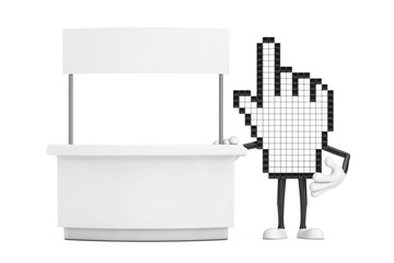 Fototapete - Pixel Hand Cursor Mascot Person Character near Blank Promotion Stand with Free Space for Your Design. 3d Rendering