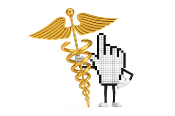 Aufkleber - Pixel Hand Cursor Mascot Person Character with Golden Medical Caduceus Symbol. 3d Rendering