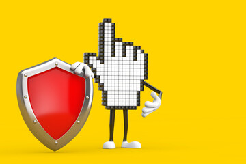 Fototapete - Pixel Hand Cursor Mascot Person Character with Red Metal Protection Shield. 3d Rendering