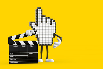 Poster - Pixel Hand Cursor Mascot Person Character with Movie Clapper Board. 3d Rendering