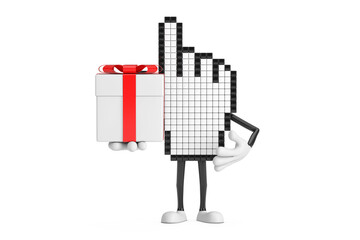 Aufkleber - Pixel Hand Cursor Mascot Person Character and Gift Box with Red Ribbon. 3d Rendering
