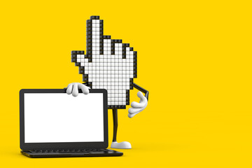 Leinwandbilder - Pixel Hand Cursor Mascot Person Character with Modern Laptop Computer Notebook and Blank Screen for Your Design. 3d Rendering