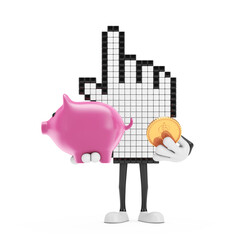 Poster - Pixel Hand Cursor Mascot Person Character with Piggy Bank and Golden Dollar Coin. 3d Rendering