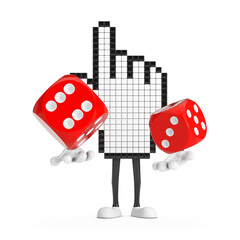 Poster - Pixel Hand Cursor Mascot Person Character with Red Game Dice Cubes in Flight. 3d Rendering