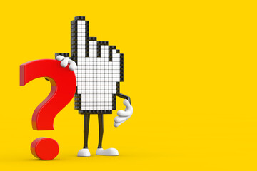 Poster - Pixel Hand Cursor Mascot Person Character with Red Question Mark Sign. 3d Rendering
