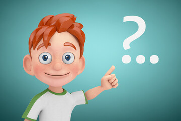 Poster - Cartoon Little Boy Teen Person Character Mascot Points a Finger at Green Chalkboard with Question Mark. 3d Rendering