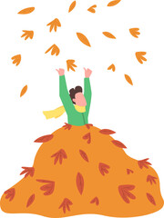 Poster - Child happy in leaves pile semi flat color raster character. Joyous figure. Full body person on white. Autumn activity isolated modern cartoon style illustration for graphic design and animation