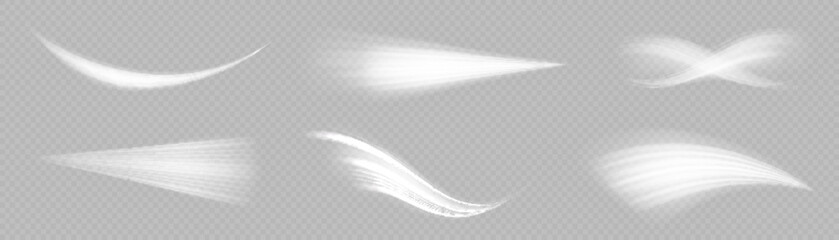 Wall Mural - Glowing motion line. Dynamic white waves. Luminous lines of speed. Light sparkling effect. Magic speed flying trails of shine, bright shimmer particles fly. Vector illustration.