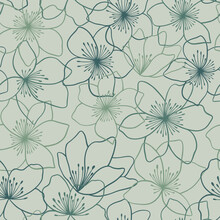 Beautiful Floral Seamless Pattern Design In Hand-drawn Style. Linear  Flowers Repeat Texture. Green Flowers On A Dark Background. 