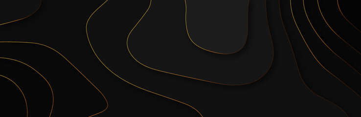 Poster - Luxurious Black papercut background. Abstract realistic paper cut decoration textured with wavy layers. Geometric cut paper black luxury background with gold elements, topography map concept. 